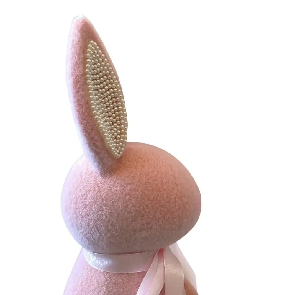 SPRING GATHERINGS 15in Pink Flocked Bunny With Faux Pearl Ears & Ribbon New